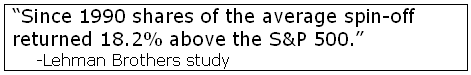 Since 1990 shares of spin-offs returned 18.2% above the S&P 500 -- Lehman Brothers study